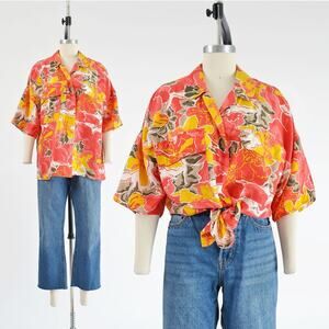 Vintage 90s Colorful Abstract Floral Silk Collared Top Button Down Blouse M L